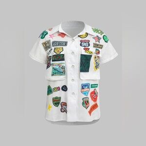 196. Micas Plus Size Letter Print Pocket Short-Sleeve Shirt 1XL